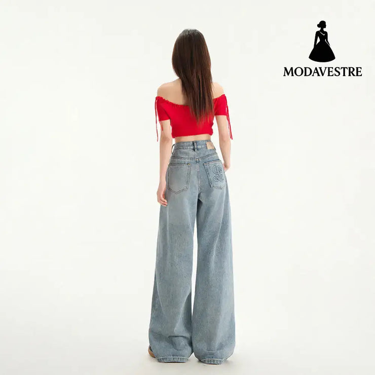 Women’s Wide Leg Jeans Loose Drape Washed Straight Leg Floor Length Pants