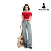 Women’s Wide Leg Jeans Loose Drape Washed Straight Leg Floor Length Pants