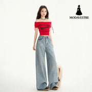 Women’s Wide Leg Jeans Loose Drape Washed Straight Leg Floor Length Pants