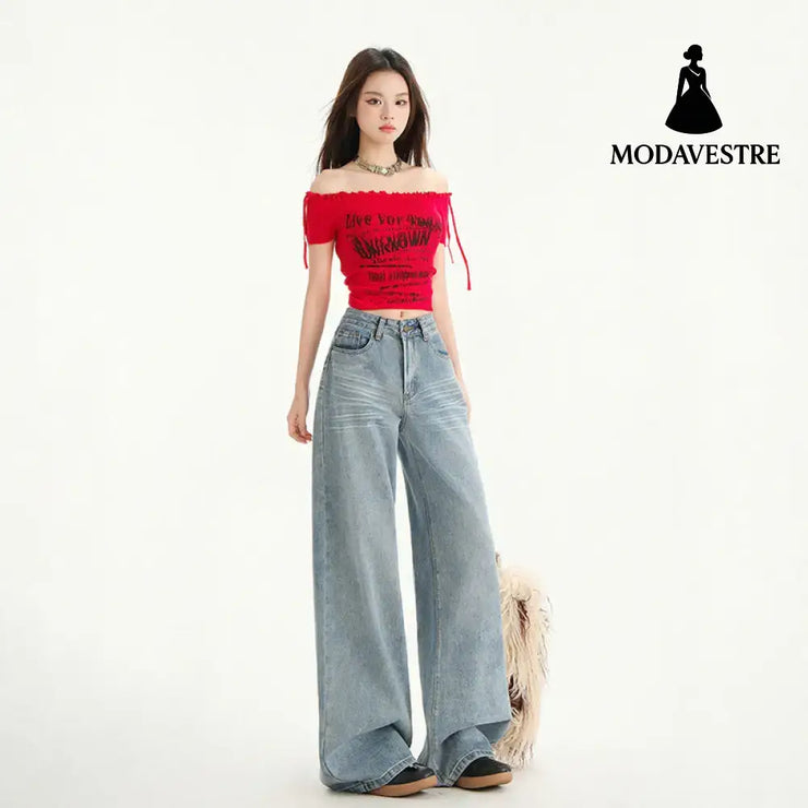 Women’s Wide Leg Jeans Loose Drape Washed Straight Leg Floor Length Pants