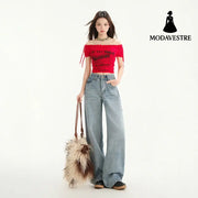 Women’s Wide Leg Jeans Loose Drape Washed Straight Leg Floor Length Pants