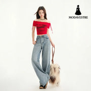 Women’s Wide Leg Jeans Loose Drape Washed Straight Leg Floor Length Pants