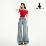 Women’s Wide Leg Jeans Loose Drape Washed Straight Leg Floor Length Pants Blue # Long Pants / XS
