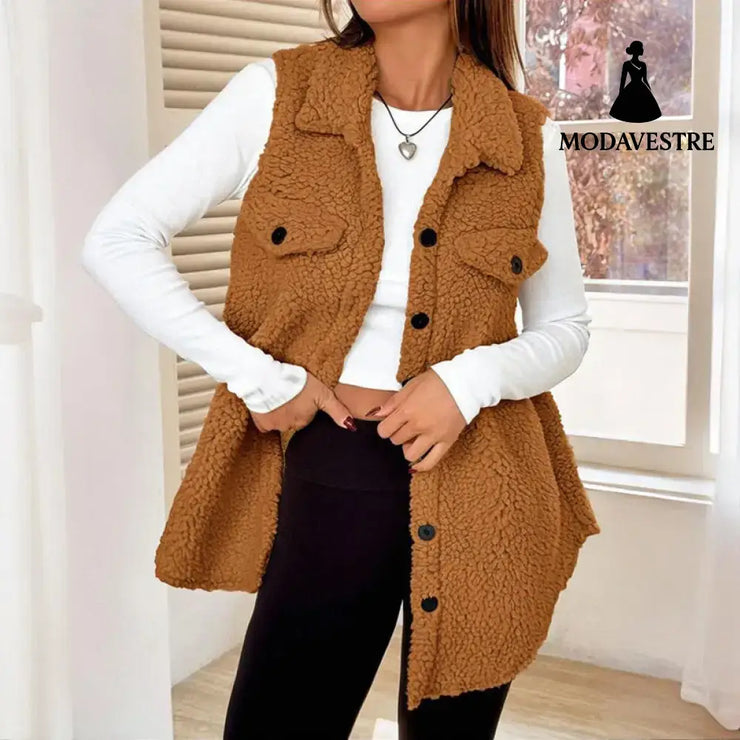 Women’s Wool-Like Sleeveless Vest With Lapel Solid Color Mid-Length Button Up Waistcoat For Layering Casual & Formal