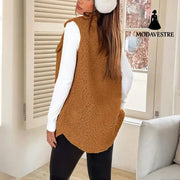 Women’s Wool-Like Sleeveless Vest With Lapel Solid Color Mid-Length Button Up Waistcoat For Layering Casual & Formal