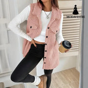 Women’s Wool-Like Sleeveless Vest With Lapel Solid Color Mid-Length Button Up Waistcoat For Layering Casual & Formal