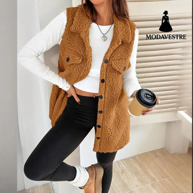 Women’s Wool-Like Sleeveless Vest With Lapel Solid Color Mid-Length Button Up Waistcoat For Layering Casual & Formal