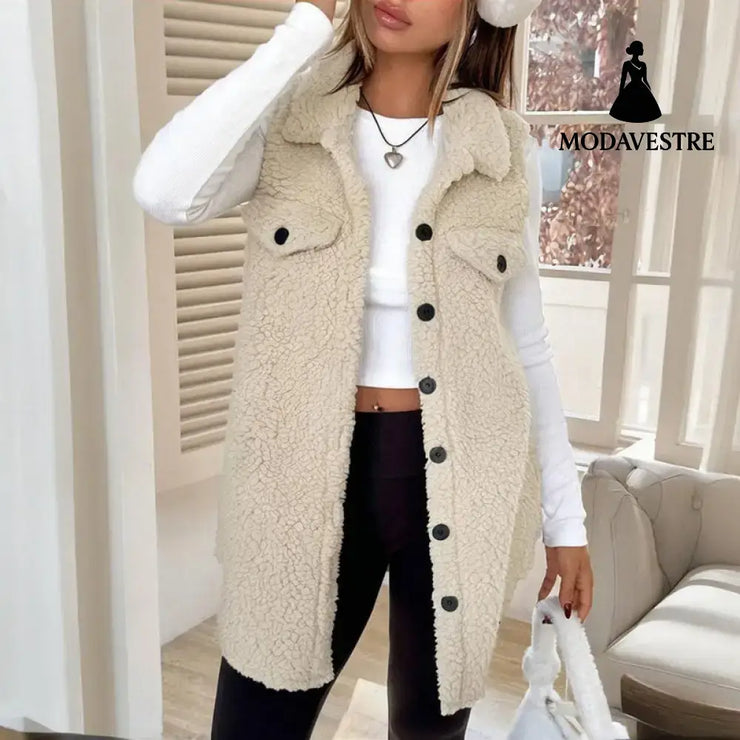 Women’s Wool-Like Sleeveless Vest With Lapel Solid Color Mid-Length Button Up Waistcoat For Layering Casual & Formal