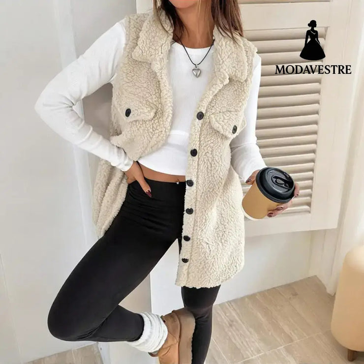 Women’s Wool-Like Sleeveless Vest With Lapel Solid Color Mid-Length Button Up Waistcoat For Layering Casual & Formal