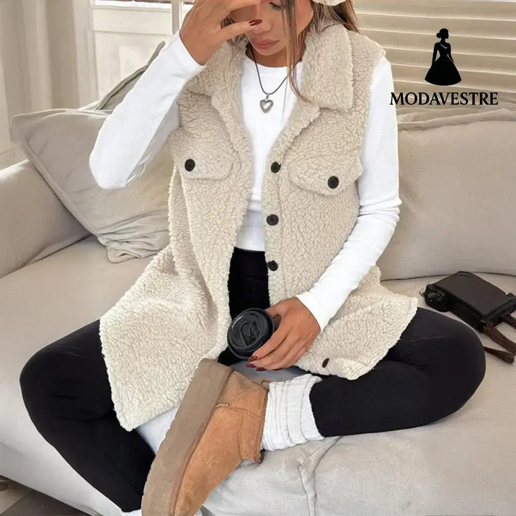 Women’s Wool-Like Sleeveless Vest With Lapel Solid Color Mid-Length Button Up Waistcoat For Layering Casual & Formal