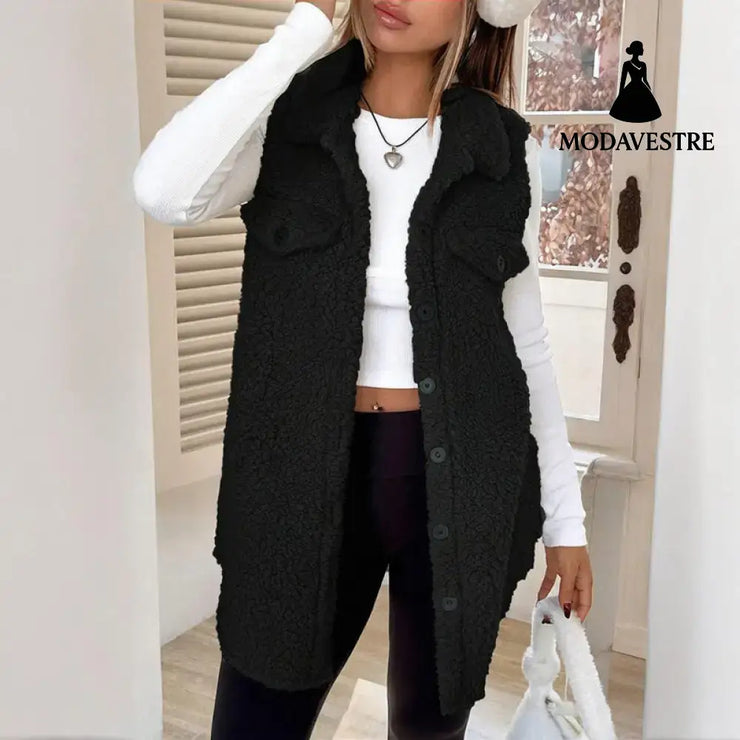 Women’s Wool-Like Sleeveless Vest With Lapel Solid Color Mid-Length Button Up Waistcoat For Layering Casual & Formal