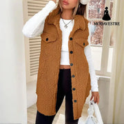 Women’s Wool-Like Sleeveless Vest With Lapel Solid Color Mid-Length Button Up Waistcoat For Layering Casual & Formal