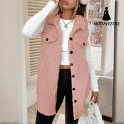 Women’s Wool-Like Sleeveless Vest With Lapel Solid Color Mid-Length Button Up Waistcoat For Layering Casual & Formal