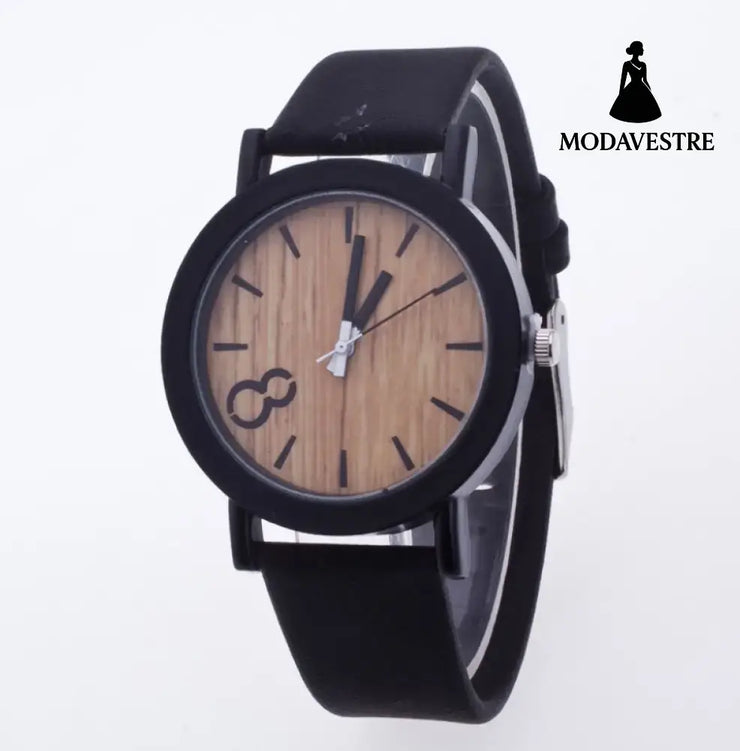 Wood grain PU leather neutral watch watch men and women retro watch Black