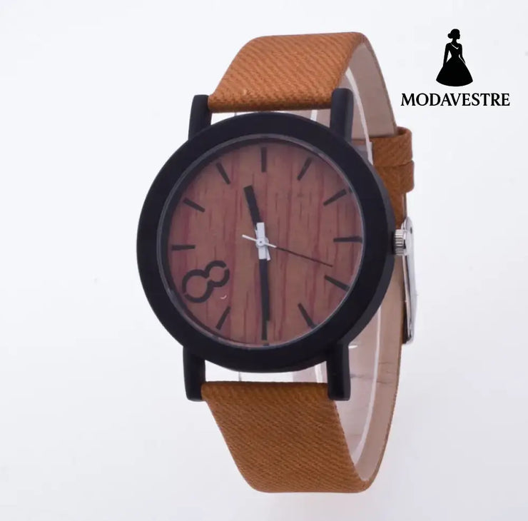 Wood grain PU leather neutral watch watch men and women retro watch Brown