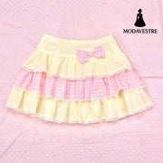 Yellow & Pink Plaid Bow Mini Skirt – Cute Layered Ruffle Design