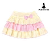 Yellow & Pink Plaid Bow Mini Skirt – Cute Layered Ruffle Design