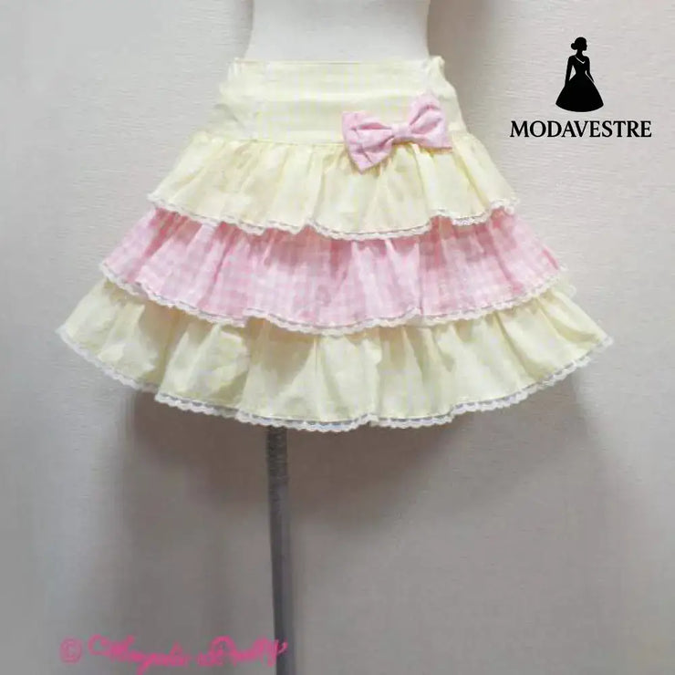Yellow & Pink Plaid Bow Mini Skirt – Cute Layered Ruffle Design