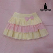 Yellow & Pink Plaid Bow Mini Skirt – Cute Layered Ruffle Design Yellow / S