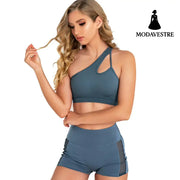 Yoga Clothing Suits Women New Beautiful Back Fitness Clothing Sports Bra Hips Peach Pants Hollow Shorts Blue / L